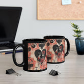 Gothic Love Black Mug | Artistic Coffee Cup with Hearts and Roses | Perfect for Gothic Home Decor, Valentine&
