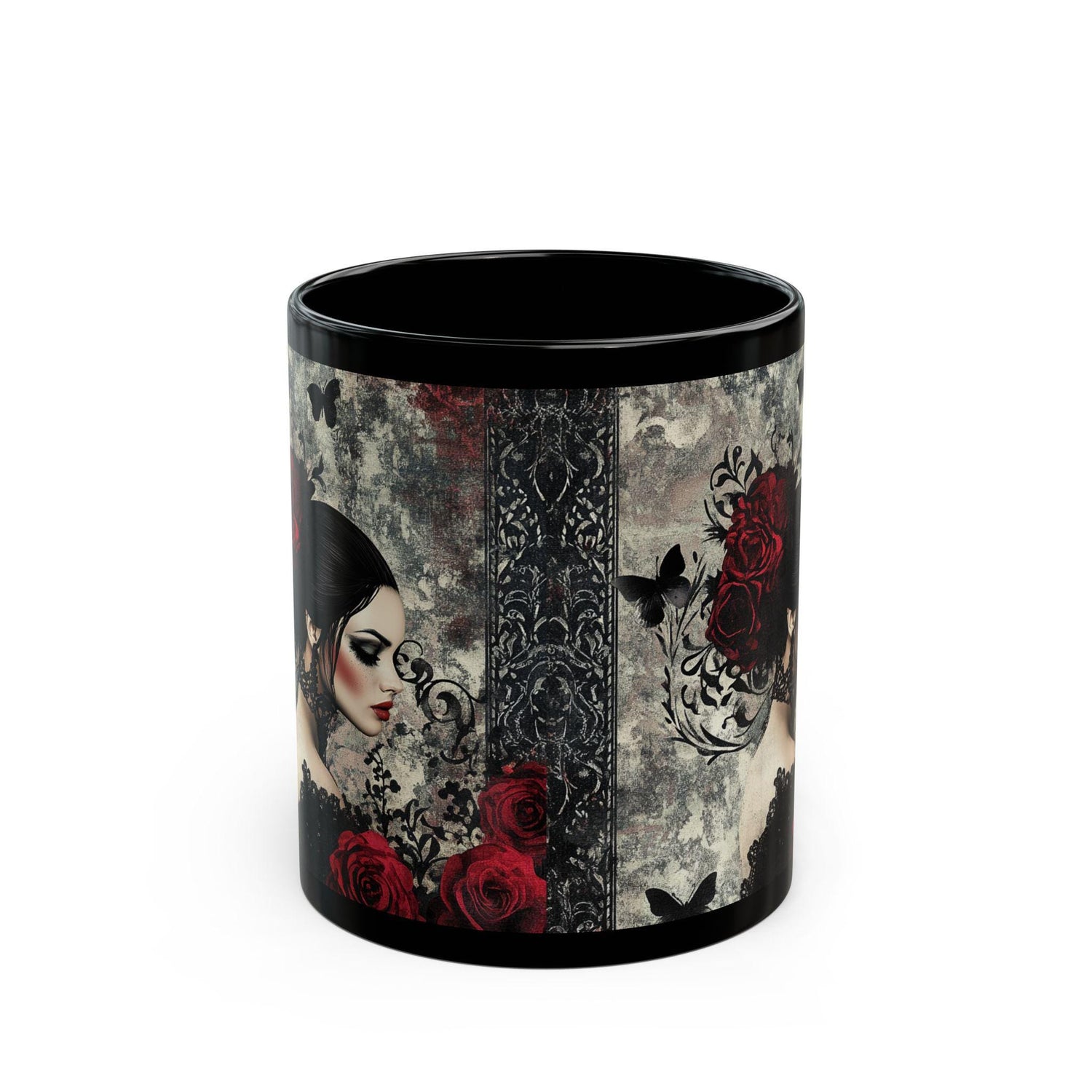 Gothic Art Black Mug | Elegant Vintage Rose Design | Perfect for Coffee Lovers, Gift for Her, Halloween, Home Decor