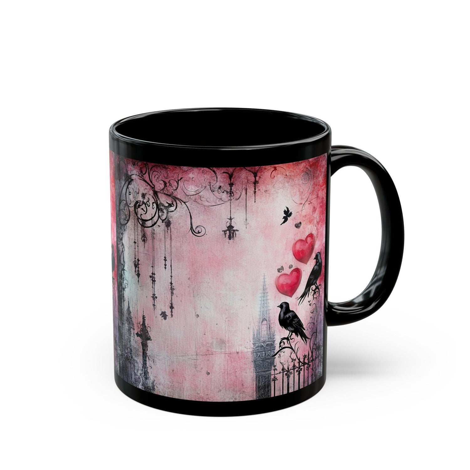 Gothic Love Scene Mug, Romantic Gift, Black Ceramic Coffee Cup, Halloween Decor, Unique Art Mug, Bird & Heart Design