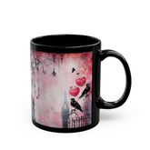 Gothic Love Scene Mug, Romantic Gift, Black Ceramic Coffee Cup, Halloween Decor, Unique Art Mug, Bird & Heart Design