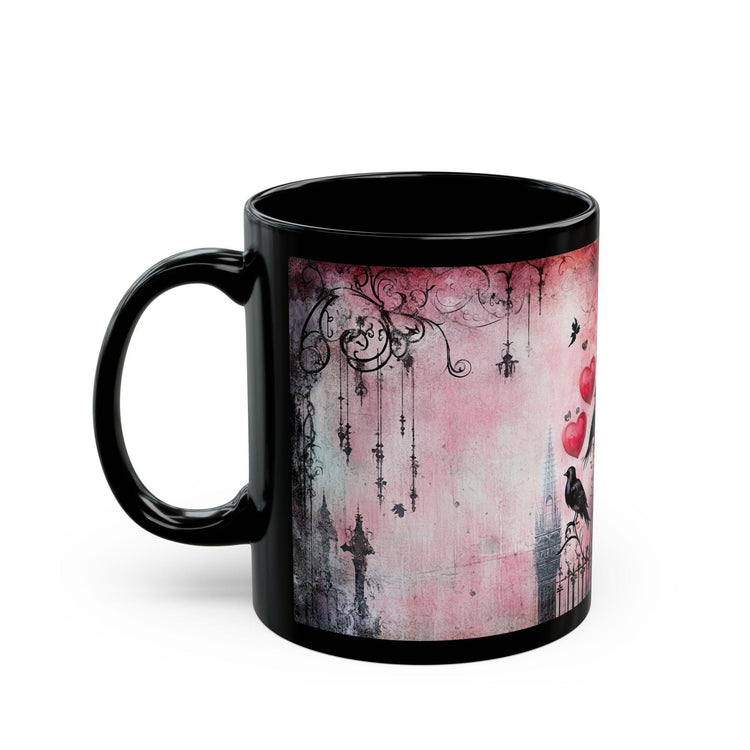 Gothic Love Scene Mug, Romantic Gift, Black Ceramic Coffee Cup, Halloween Decor, Unique Art Mug, Bird & Heart Design