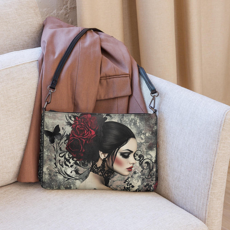 Gothic Valentine’s Crossbody Handbag – Dark & Stylish Heart Design with Silver Cross – Perfect for a Bold Unique Valentine&