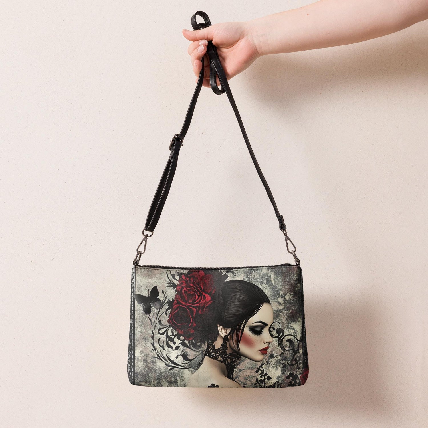 Gothic Valentine’s Crossbody Handbag – Dark & Stylish Heart Design with Silver Cross – Perfect for a Bold Unique Valentine&