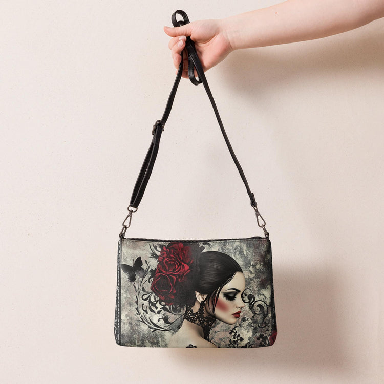 Gothic Valentine’s Crossbody Handbag – Dark & Stylish Heart Design with Silver Cross – Perfect for a Bold Unique Valentine&