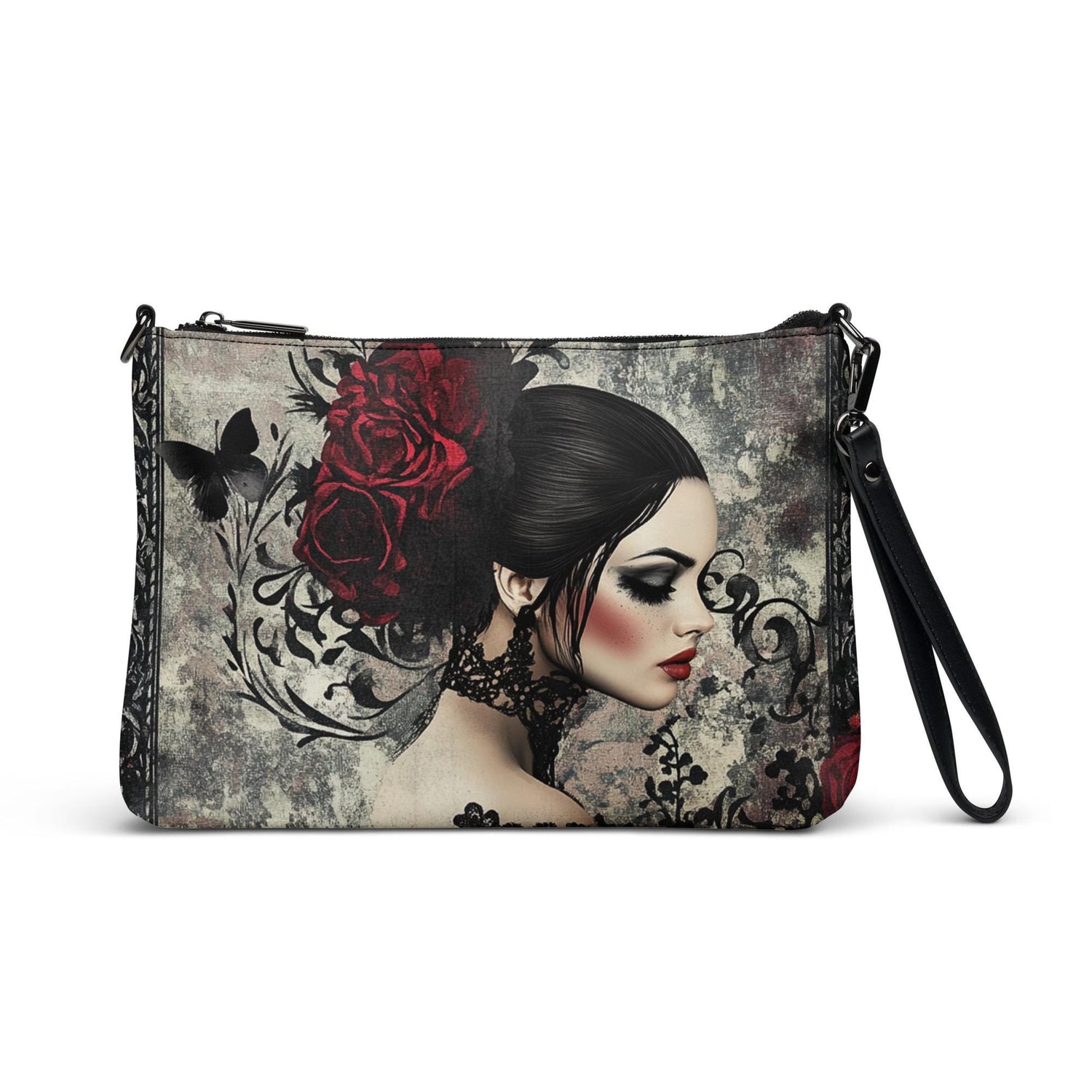 Gothic Valentine’s Crossbody Handbag – Dark & Stylish Heart Design with Silver Cross – Perfect for a Bold Unique Valentine&