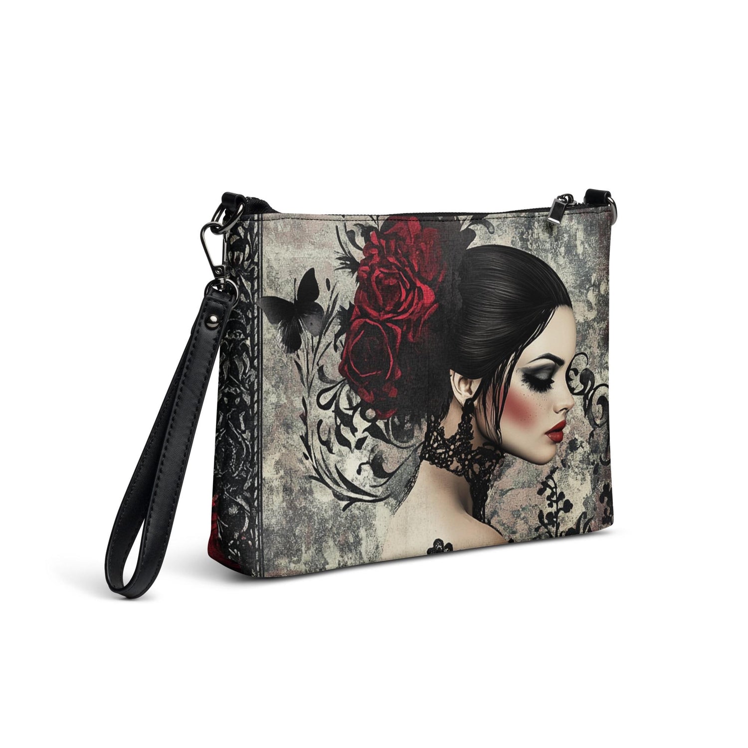 Gothic Valentine’s Crossbody Handbag – Dark & Stylish Heart Design with Silver Cross – Perfect for a Bold Unique Valentine&