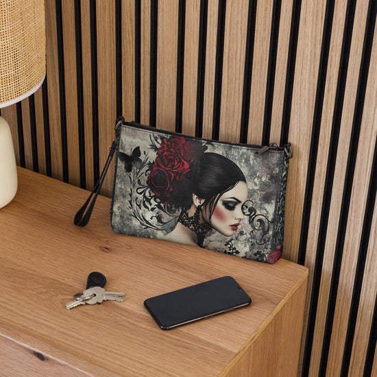 Gothic Valentine’s Crossbody Handbag – Dark & Stylish Heart Design with Silver Cross – Perfect for a Bold Unique Valentine&