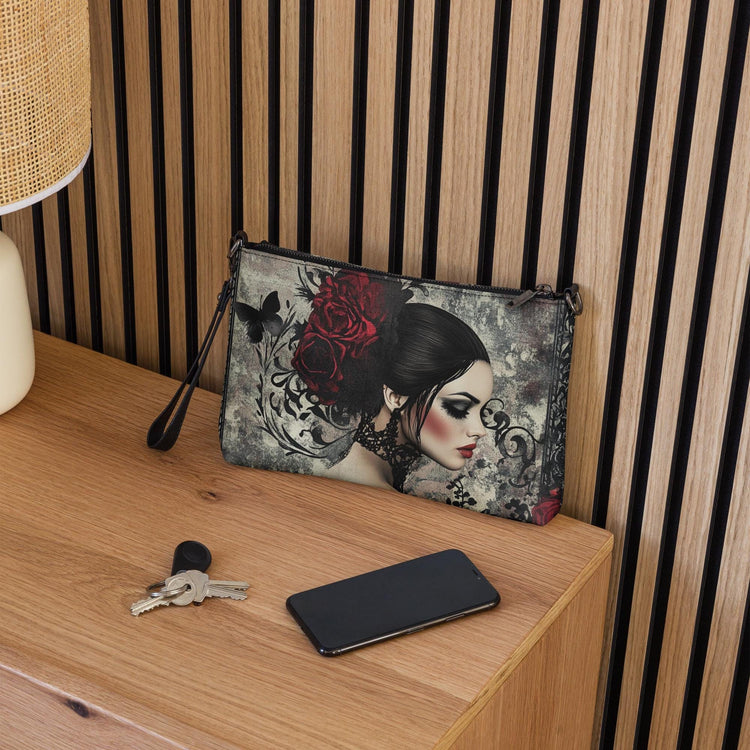 Gothic Valentine’s Crossbody Handbag – Dark & Stylish Heart Design with Silver Cross – Perfect for a Bold Unique Valentine&