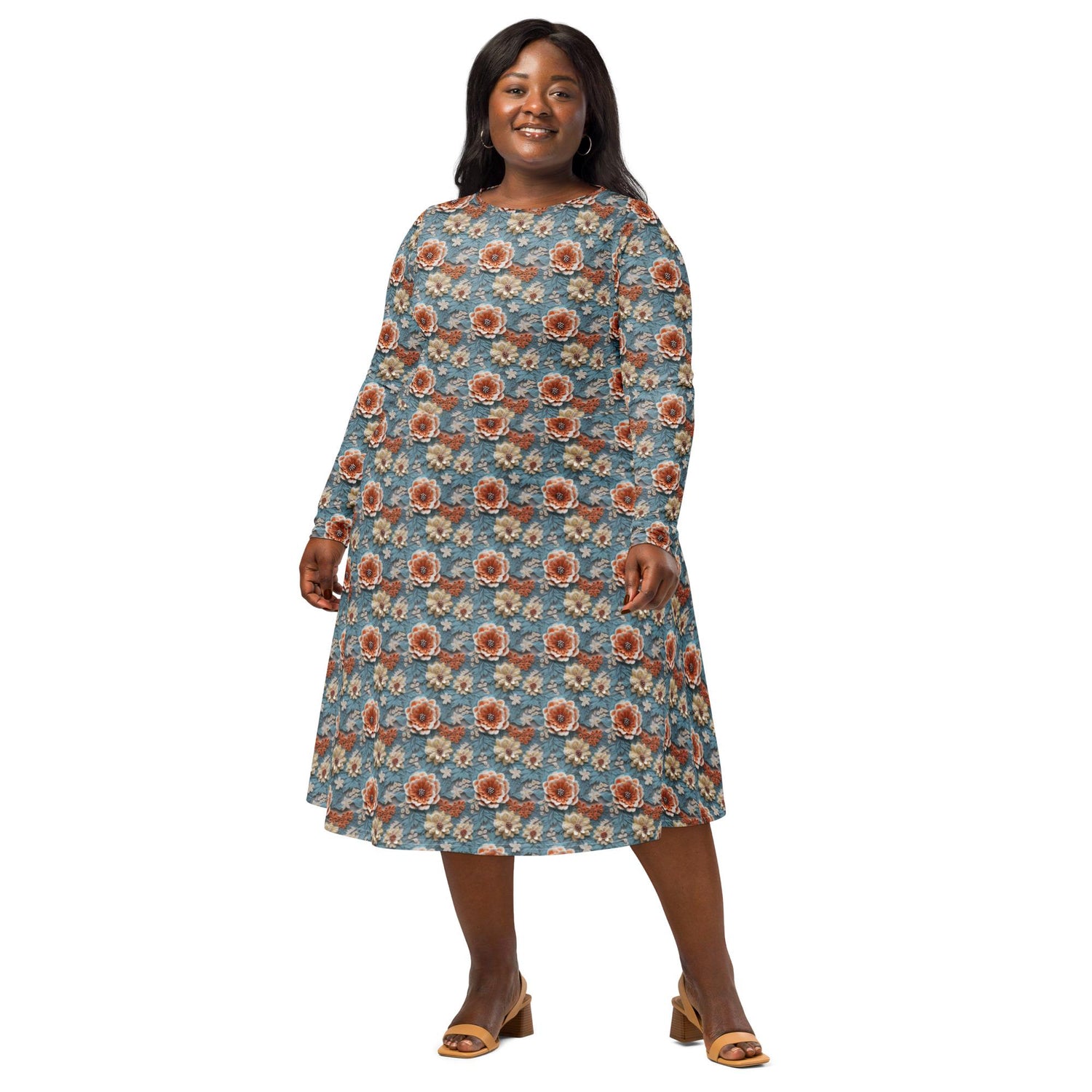 Stunning All-Over Floral 3D Print Long Sleeve Midi Dress – Elegance Meets Style All-over pattern casual fun dress