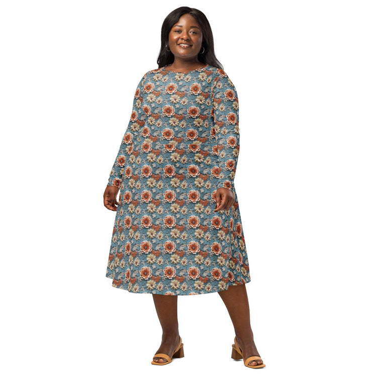 Stunning All-Over Floral 3D Print Long Sleeve Midi Dress – Elegance Meets Style All-over pattern casual fun dress