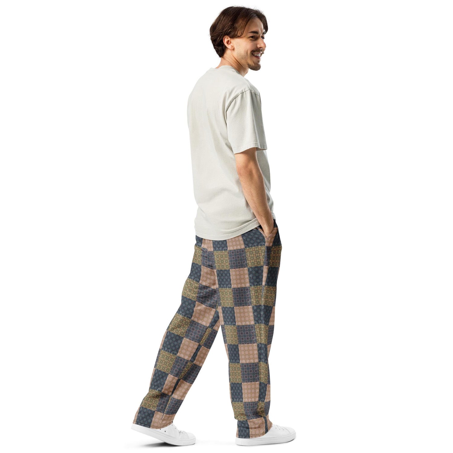 Men’s Geometric Checker Pattern Wide Leg Pants – Trendy Retro Style, Comfortable Loose Fit, Modern Fashion Statement, Streetwear Chic