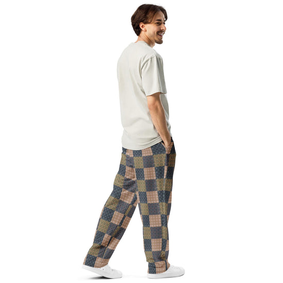 Men’s Geometric Checker Pattern Wide Leg Pants – Trendy Retro Style, Comfortable Loose Fit, Modern Fashion Statement, Streetwear Chic