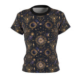 Celestial Print Women Sew Tee, Cosmic T-Shirt, Astrology Top, Bohemian Style Shirt, Gift for Women, Starry Night Tee