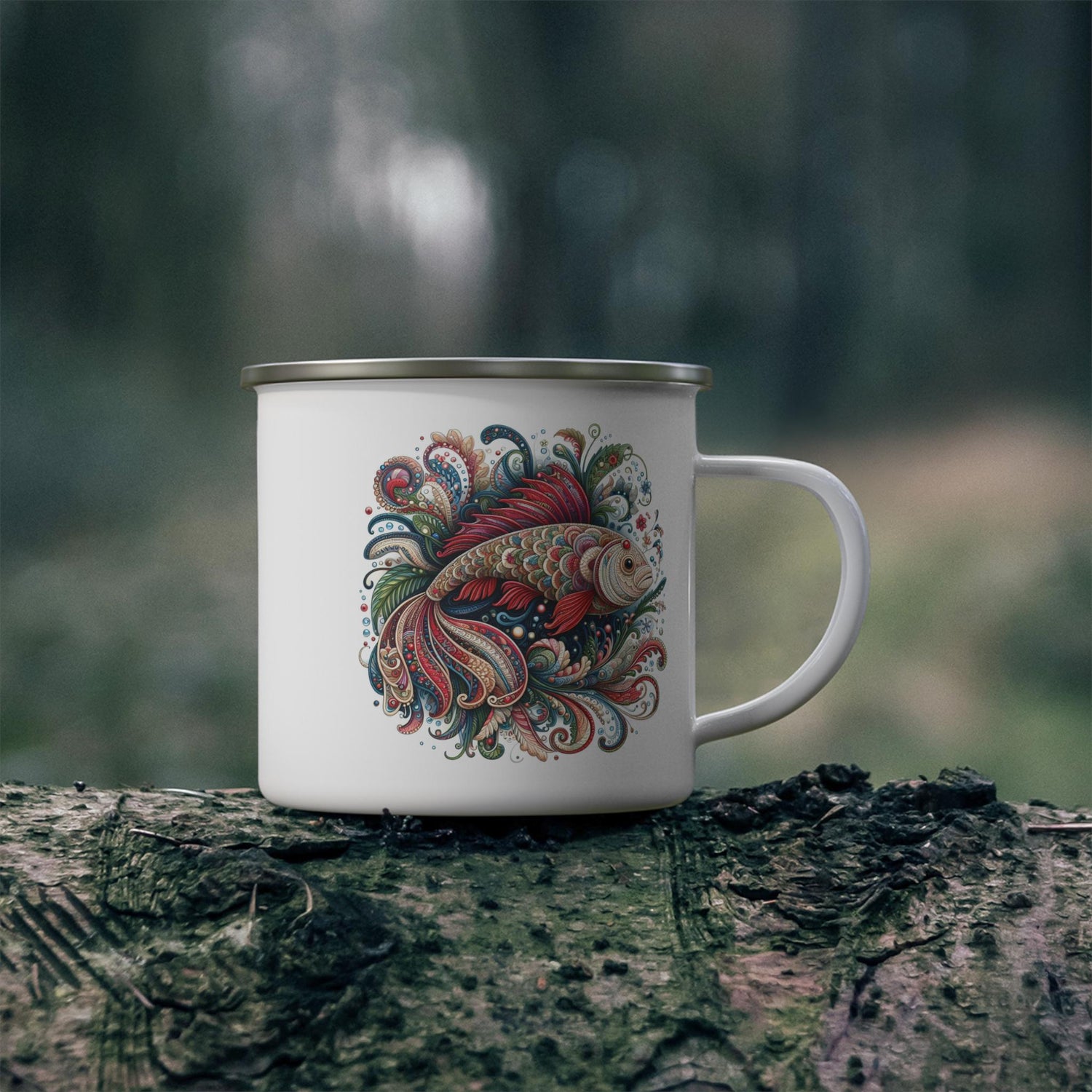 Whimsical Fish Design Enamel Camping Mug, Outdoor Coffee Mug, Fun Travel Mug, Gift for Nature Lovers, Fishing Enthusiasts