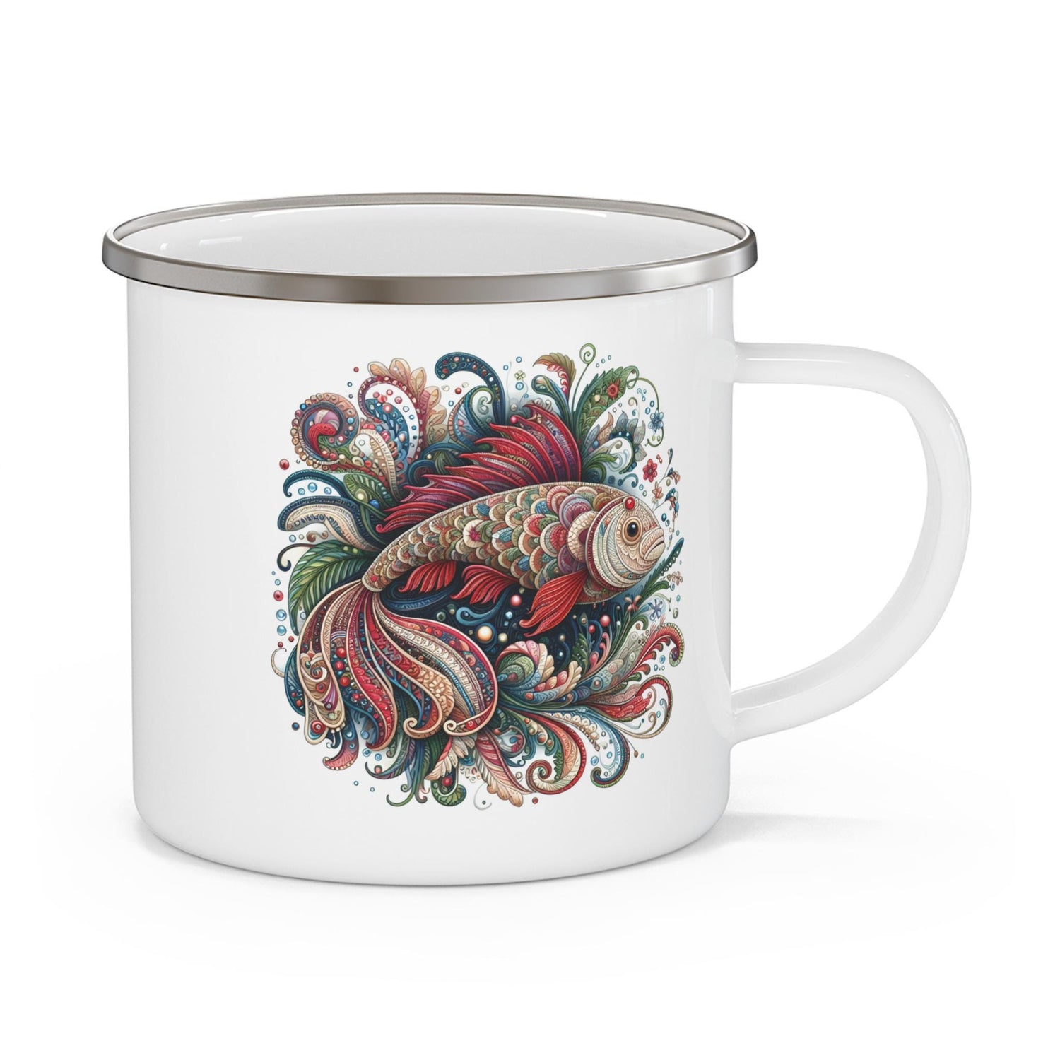 Whimsical Fish Design Enamel Camping Mug, Outdoor Coffee Mug, Fun Travel Mug, Gift for Nature Lovers, Fishing Enthusiasts