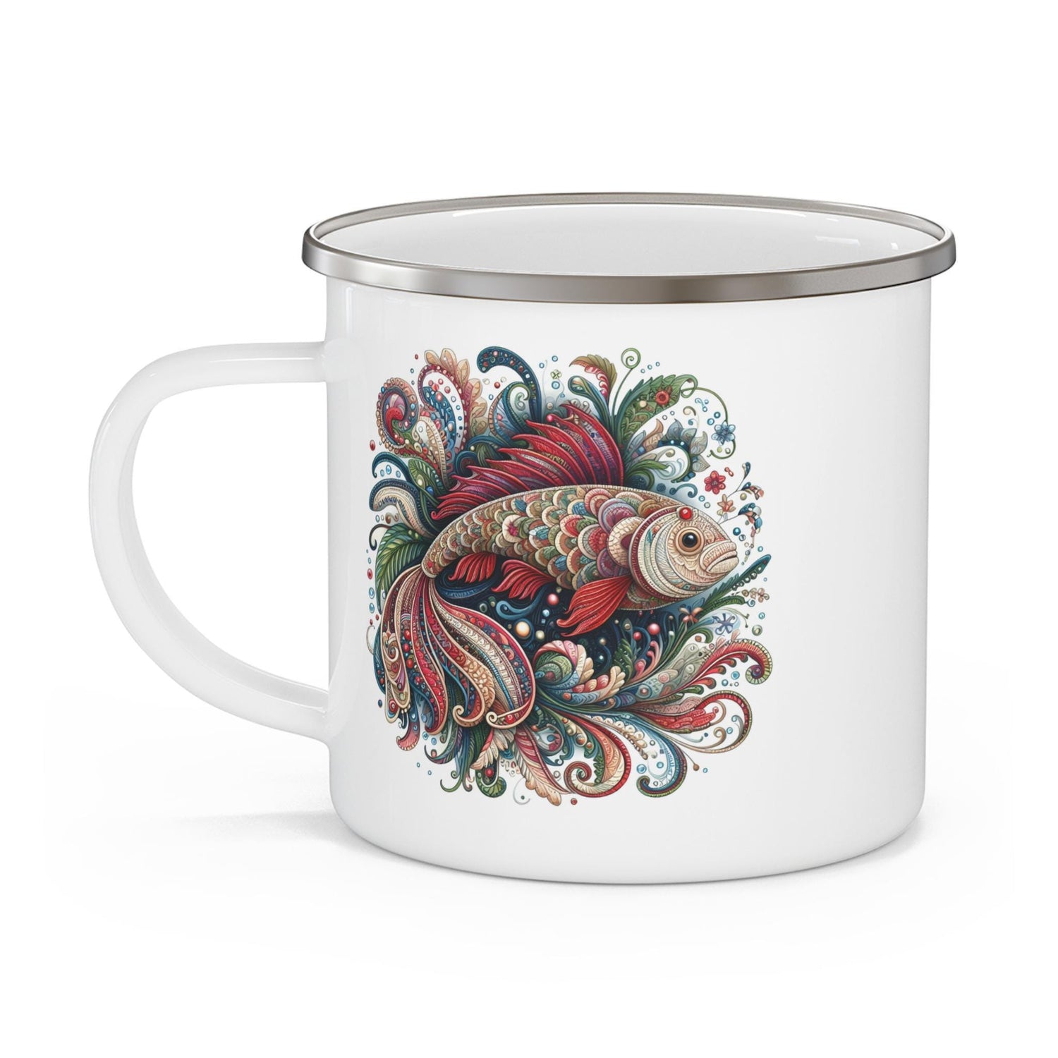 Whimsical Fish Design Enamel Camping Mug, Outdoor Coffee Mug, Fun Travel Mug, Gift for Nature Lovers, Fishing Enthusiasts
