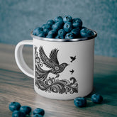 Boho Enamel Camping Mug with Bird Design, Perfect for Nature Lovers, Hiking, Outdoor Adventures, Gifts for Campers, Unique Travel Mug