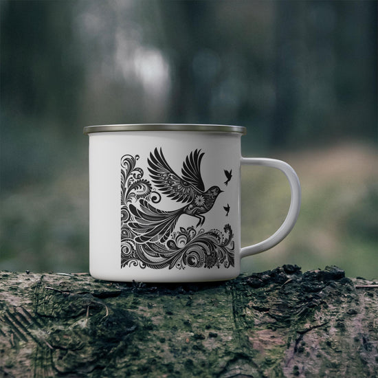 Boho Enamel Camping Mug with Bird Design, Perfect for Nature Lovers, Hiking, Outdoor Adventures, Gifts for Campers, Unique Travel Mug