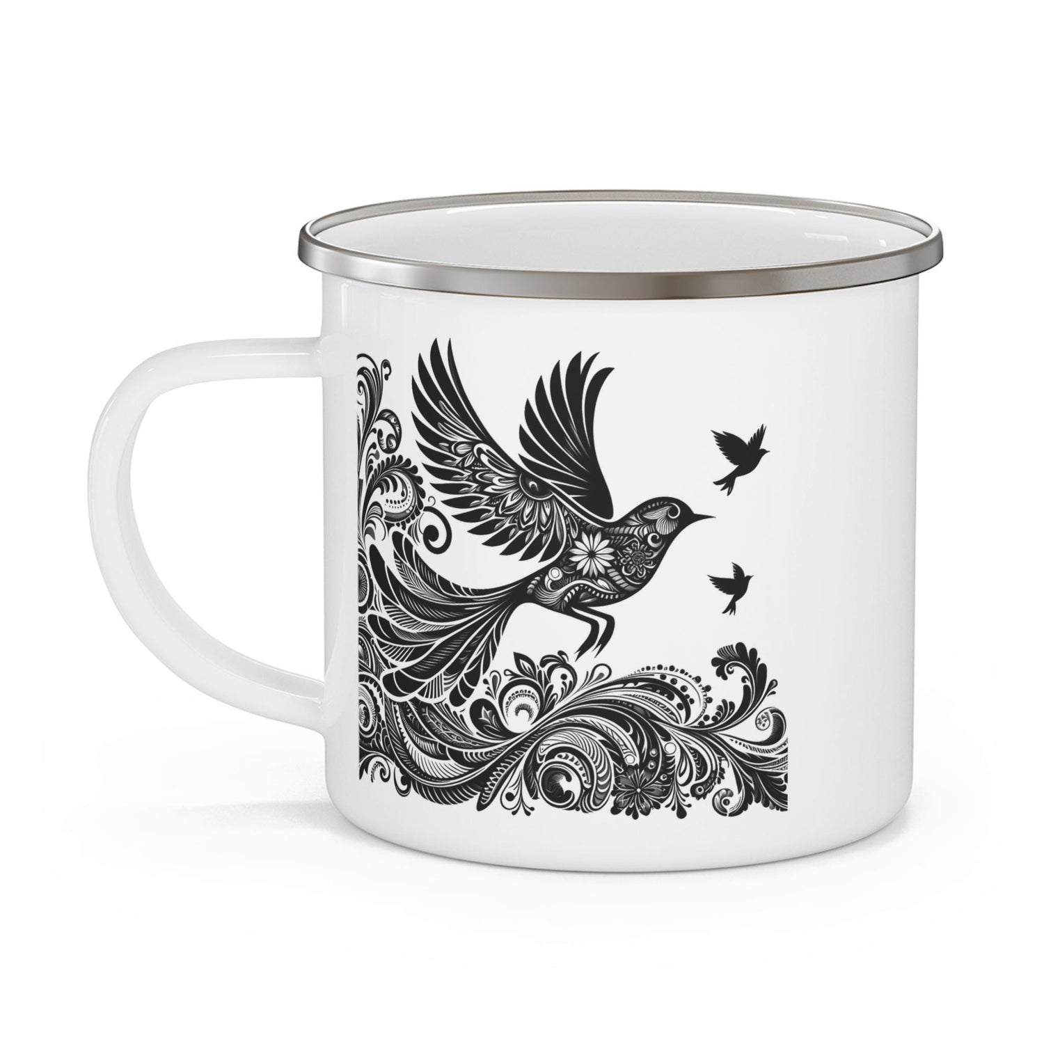 Boho Enamel Camping Mug with Bird Design, Perfect for Nature Lovers, Hiking, Outdoor Adventures, Gifts for Campers, Unique Travel Mug