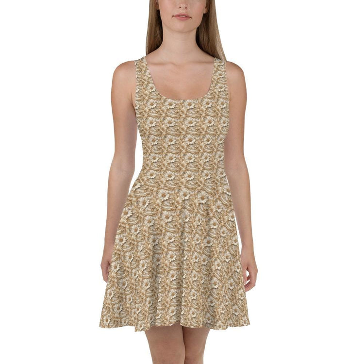 Womens Trendy White Gold Floral Skater Dress - Elegant Allover Print, Perfect for Parties, Weddings, or Special Occasions