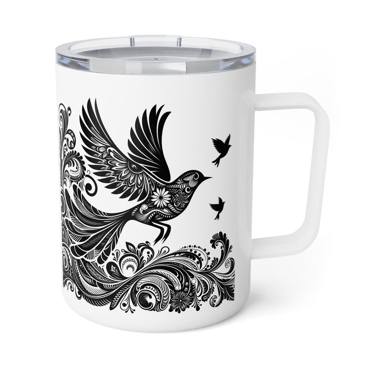 Bohemian Insulated Coffee Mug, 10oz - Perfect for Nature Lovers, Unique Gift for Birthdays, Travel Friendly, Bird Design, Camping Mug