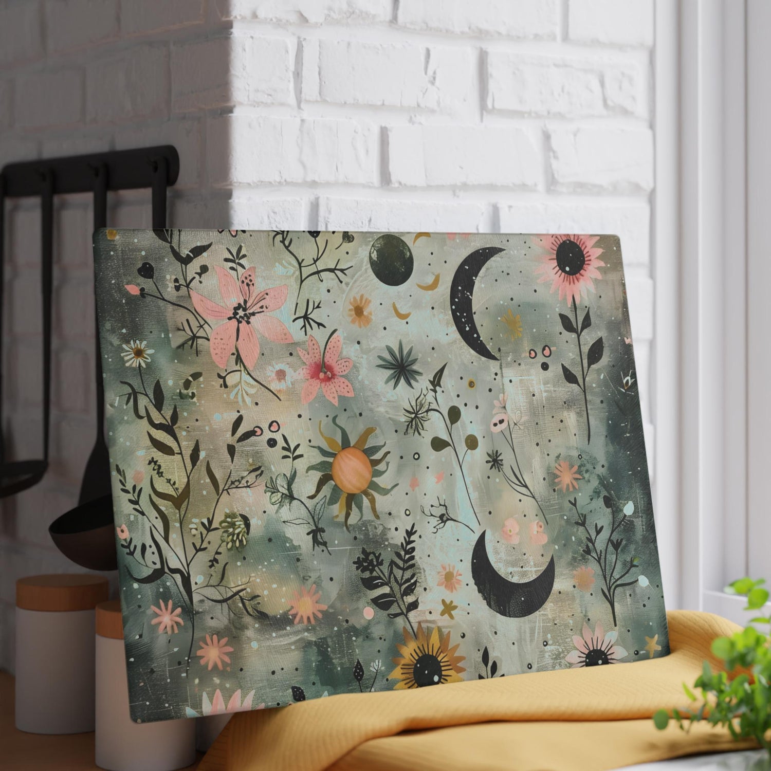Floral & Celestial Glass Cutting Board, Boho Kitchen Decor, Housewarming Gift, Unique Gift, Cooking Accessory, Kitchen Art