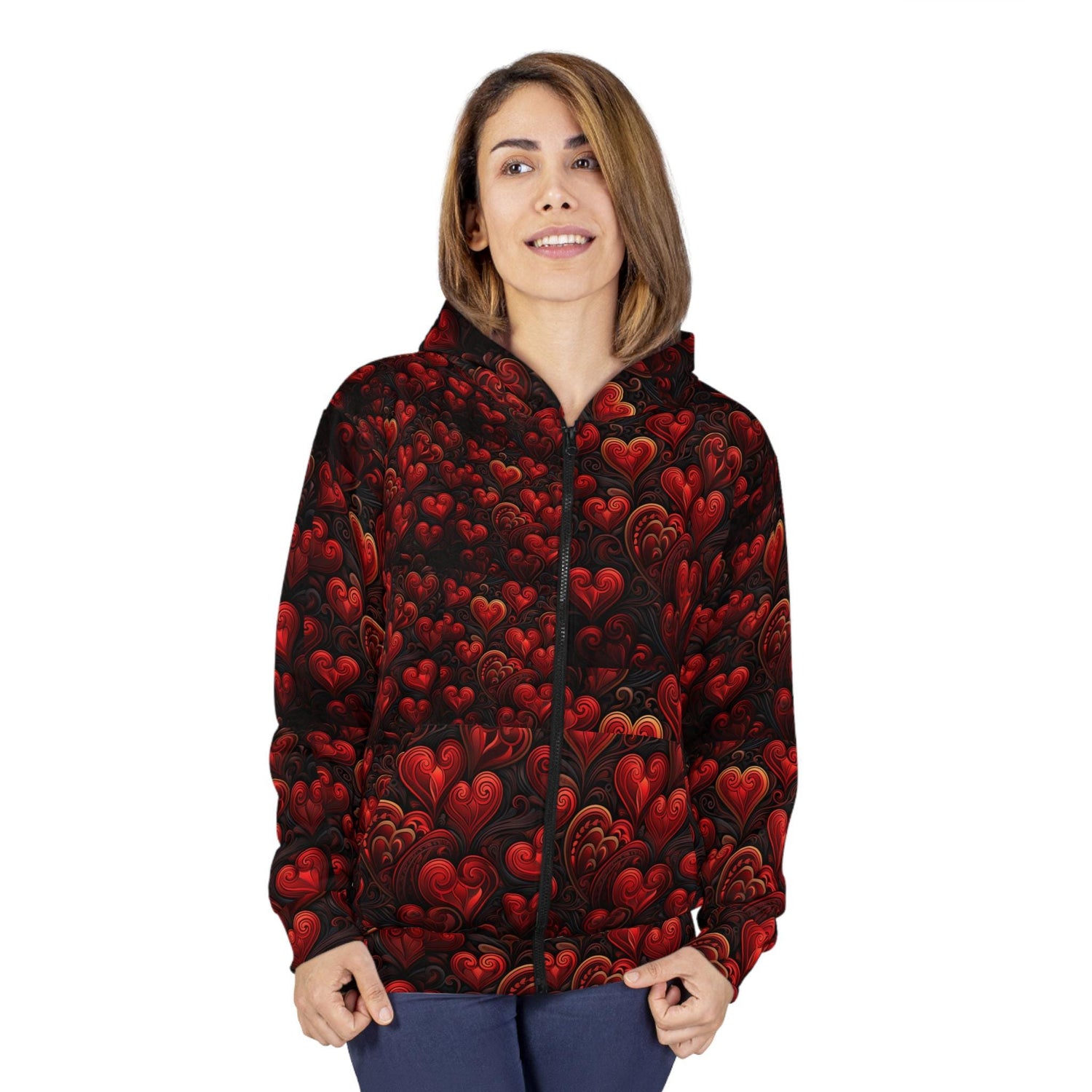 Romantic Heart Pattern Womens Zip Hoodie, Cozy Sweatshirt, Valentine&