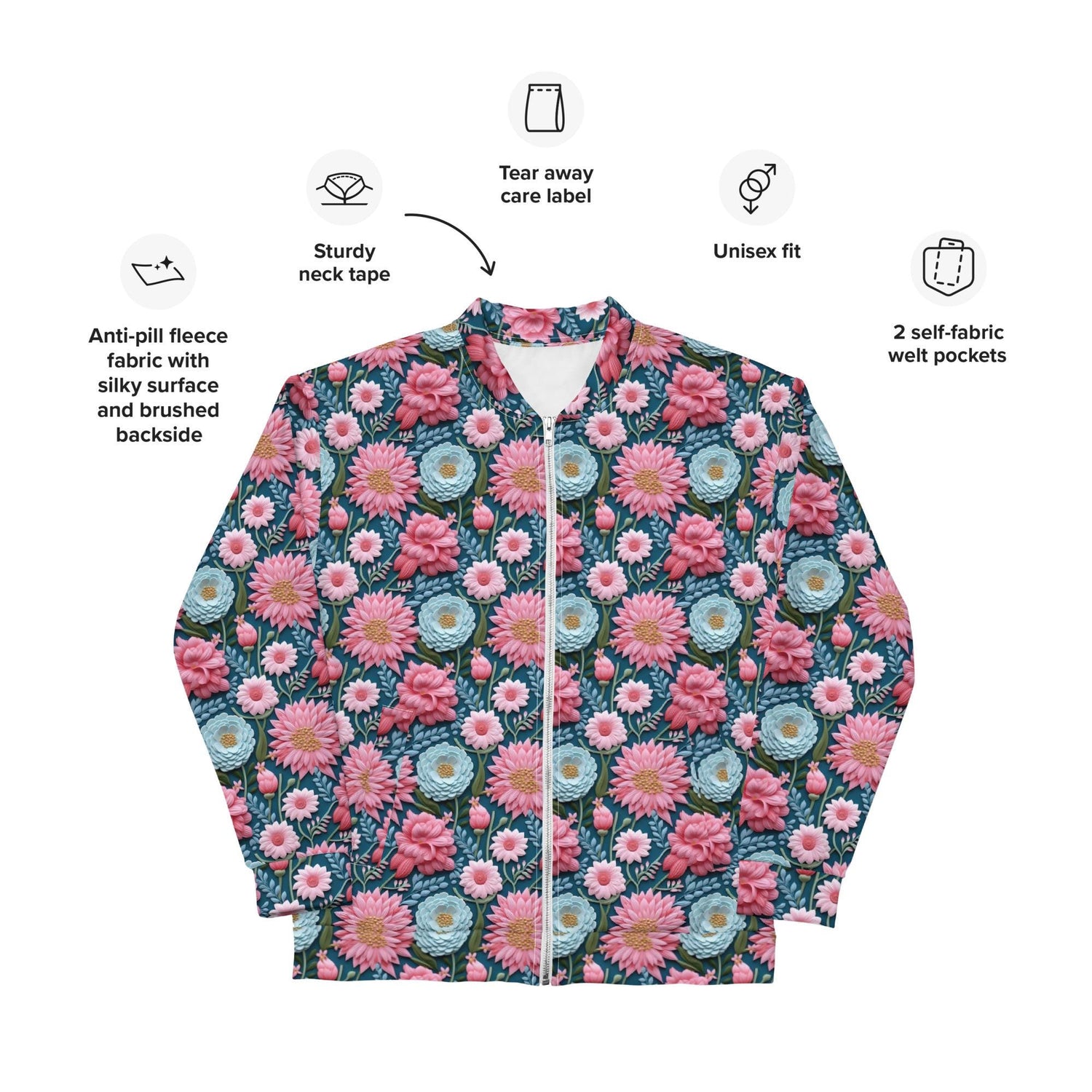 Women’s Floral All-Over Print Bomber Jacket - Beautiful Designer Pattern, Trendy Spring Outerwear, Bold & Stylish Jacket for Her