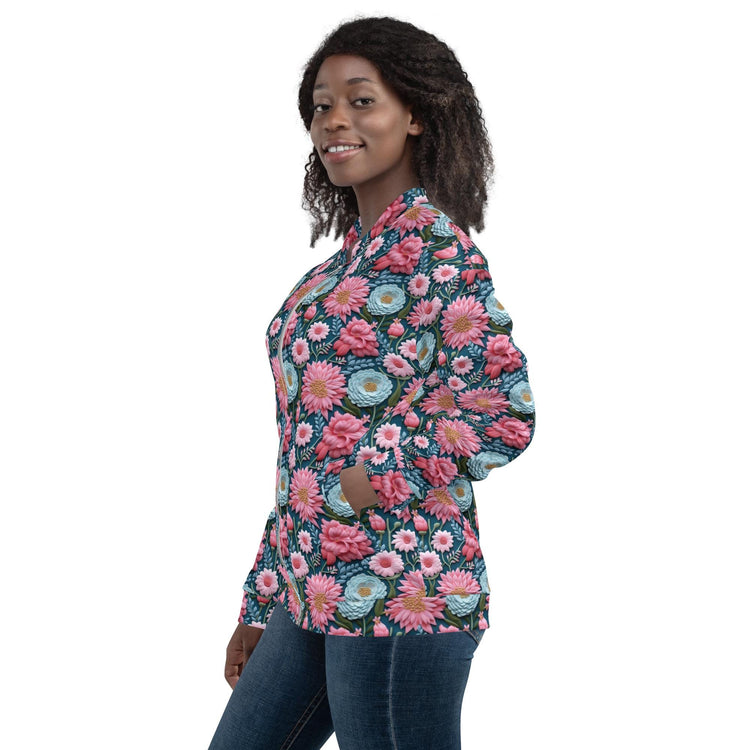 Women’s Floral All-Over Print Bomber Jacket - Beautiful Designer Pattern, Trendy Spring Outerwear, Bold & Stylish Jacket for Her