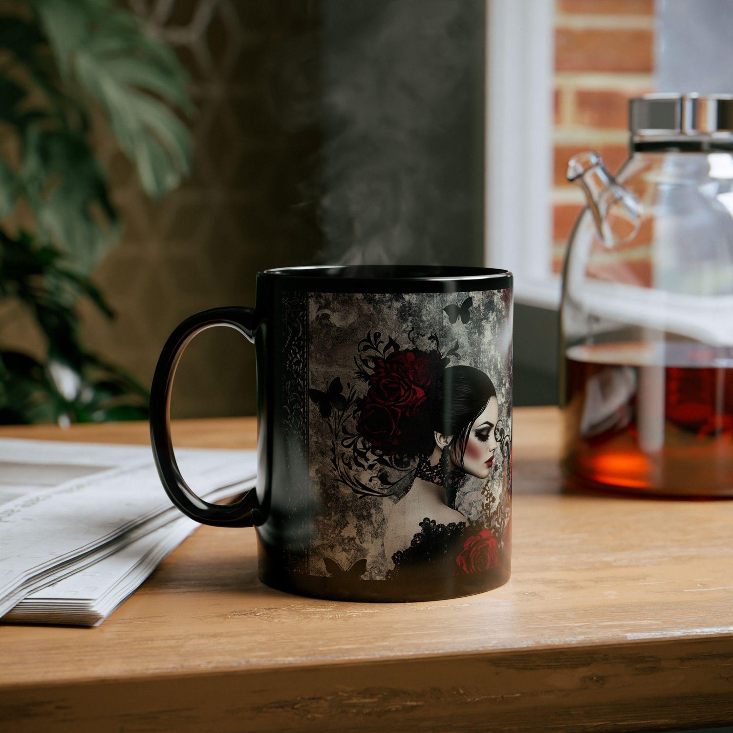 Gothic Art Black Mug | Elegant Vintage Rose Design | Perfect for Coffee Lovers, Gift for Her, Halloween, Home Decor