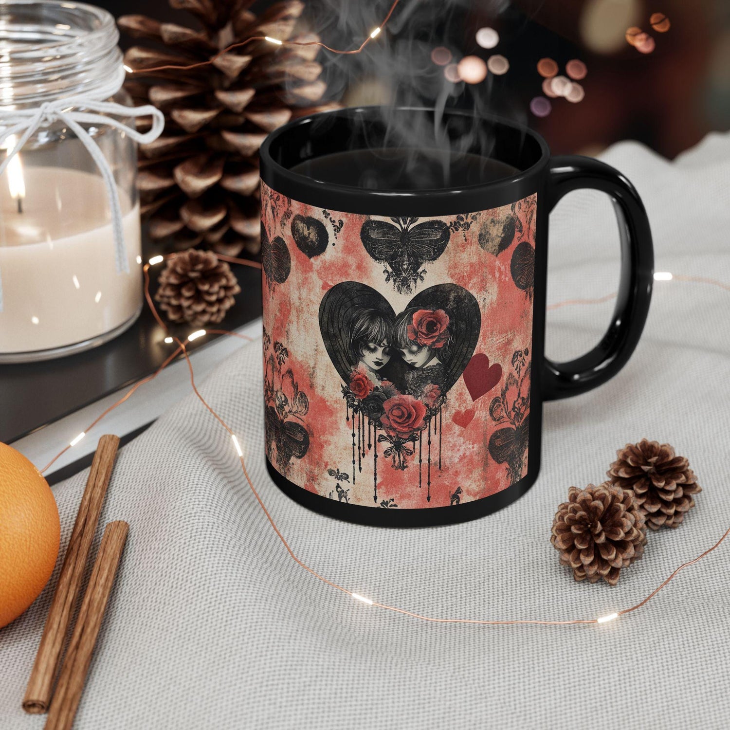 Gothic Love Black Mug | Artistic Coffee Cup with Hearts and Roses | Perfect for Gothic Home Decor, Valentine&