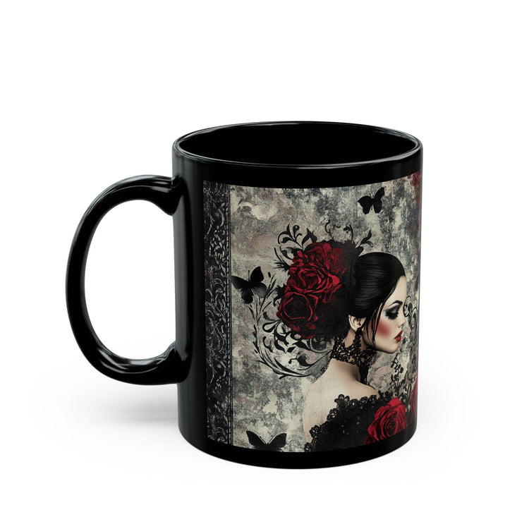 Gothic Art Black Mug | Elegant Vintage Rose Design | Perfect for Coffee Lovers, Gift for Her, Halloween, Home Decor