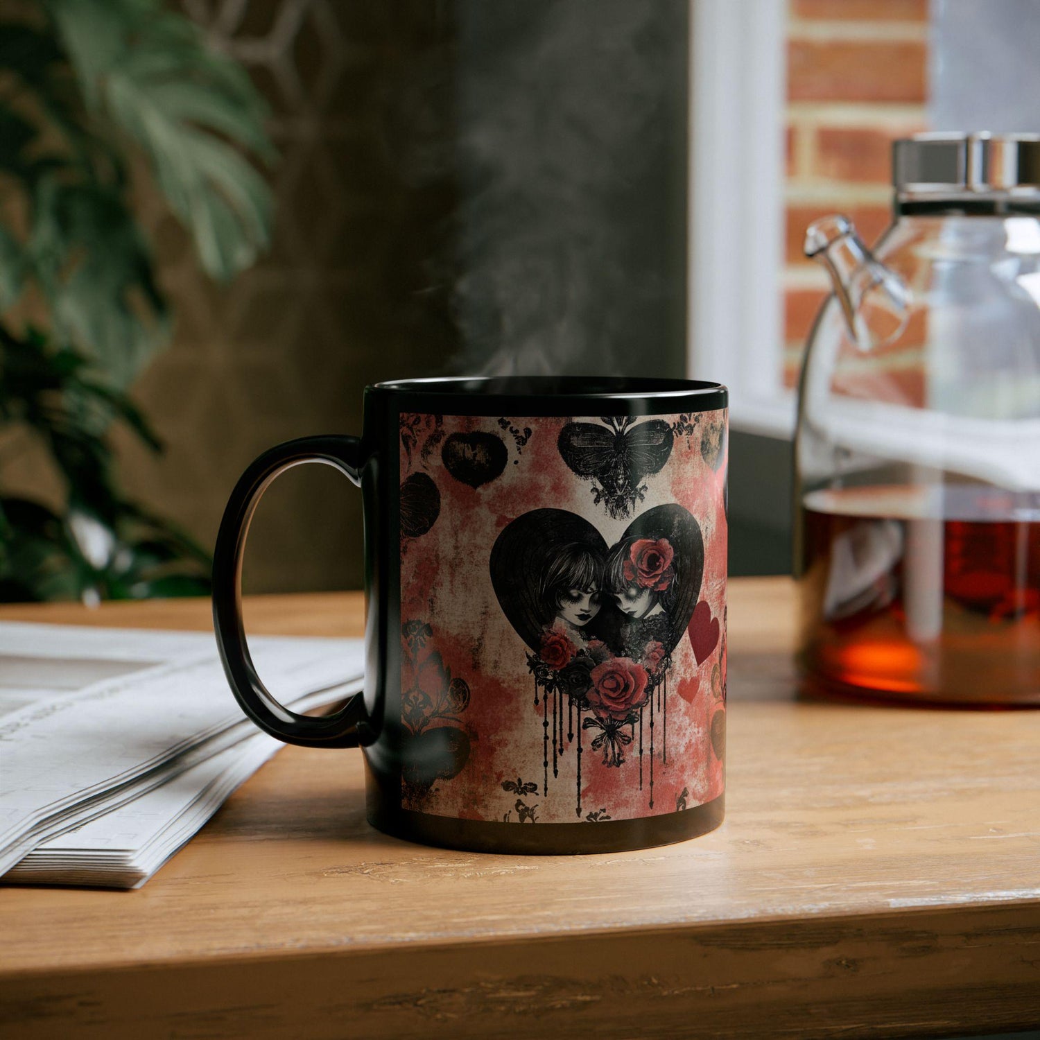 Gothic Love Black Mug | Artistic Coffee Cup with Hearts and Roses | Perfect for Gothic Home Decor, Valentine&