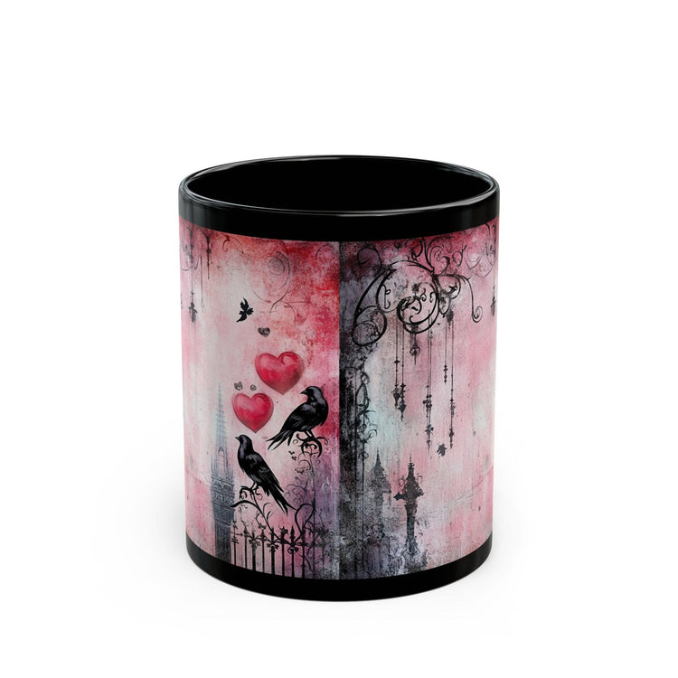 Gothic Love Scene Mug, Romantic Gift, Black Ceramic Coffee Cup, Halloween Decor, Unique Art Mug, Bird & Heart Design