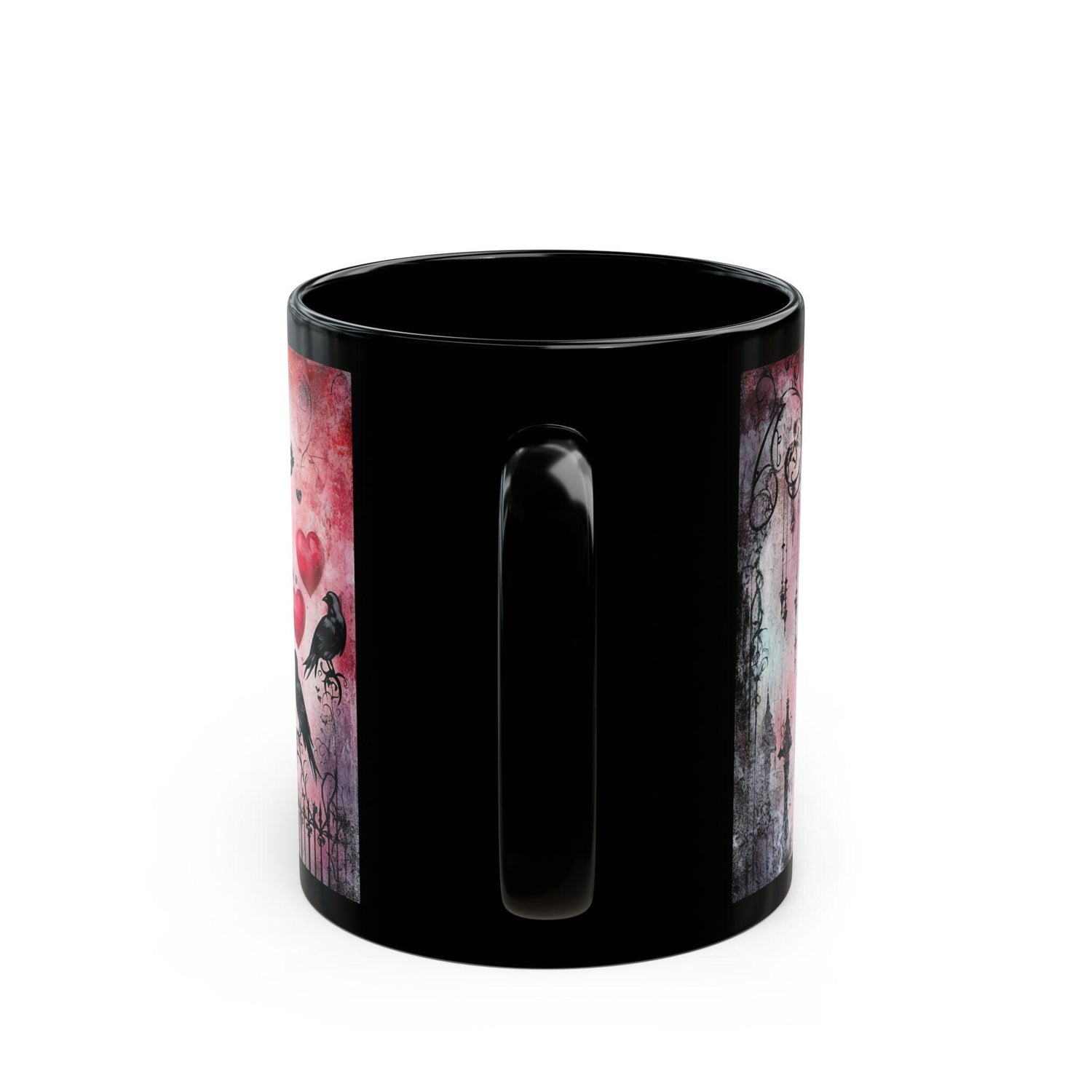 Gothic Love Scene Mug, Romantic Gift, Black Ceramic Coffee Cup, Halloween Decor, Unique Art Mug, Bird & Heart Design