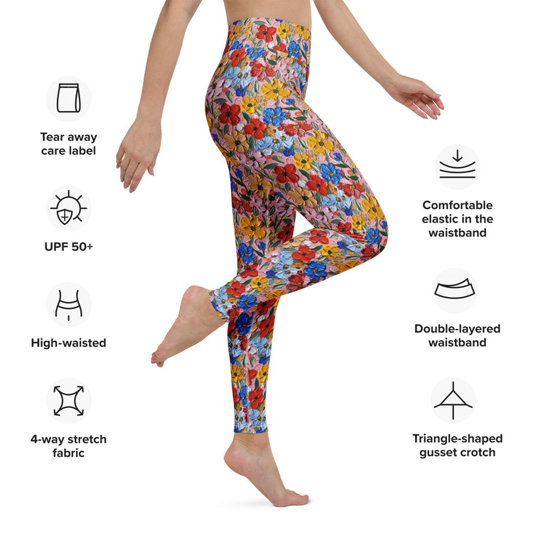Simulated Painted Floral Print Leggings | Unique All-Over Pattern | Stretchy, Comfortable & Stylish | Perfect for Yoga, Casual, or Workout