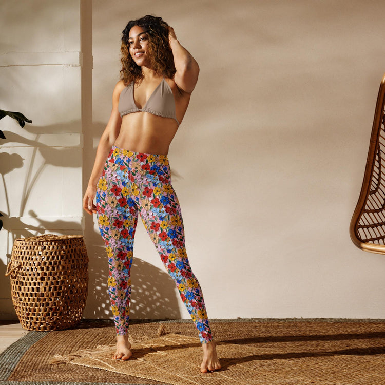 Simulated Painted Floral Print Leggings | Unique All-Over Pattern | Stretchy, Comfortable & Stylish | Perfect for Yoga, Casual, or Workout