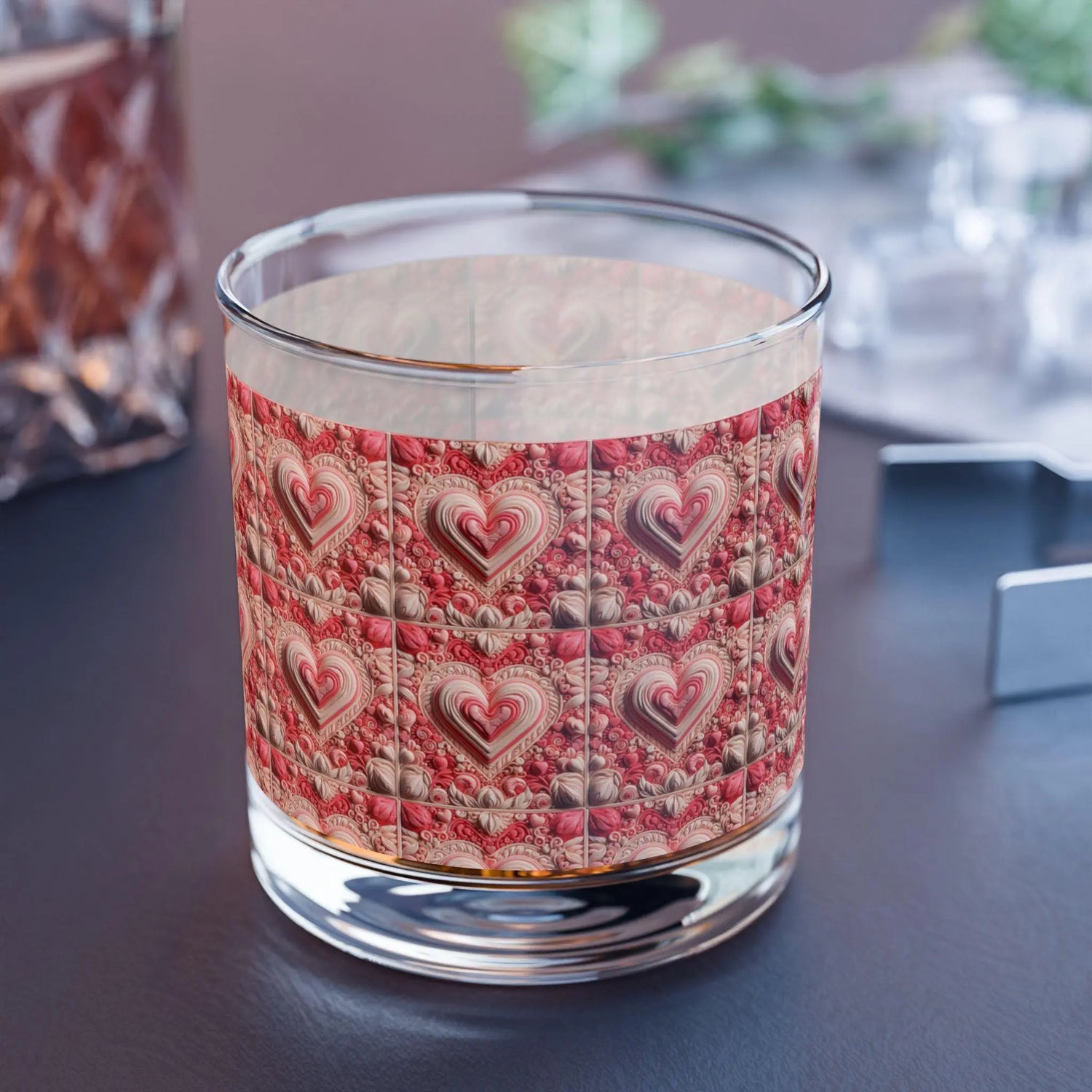 Valentines Heart Design Rocks Glass, Romantic Drinkware, Heart Pattern Whiskey Glass, Valentine&