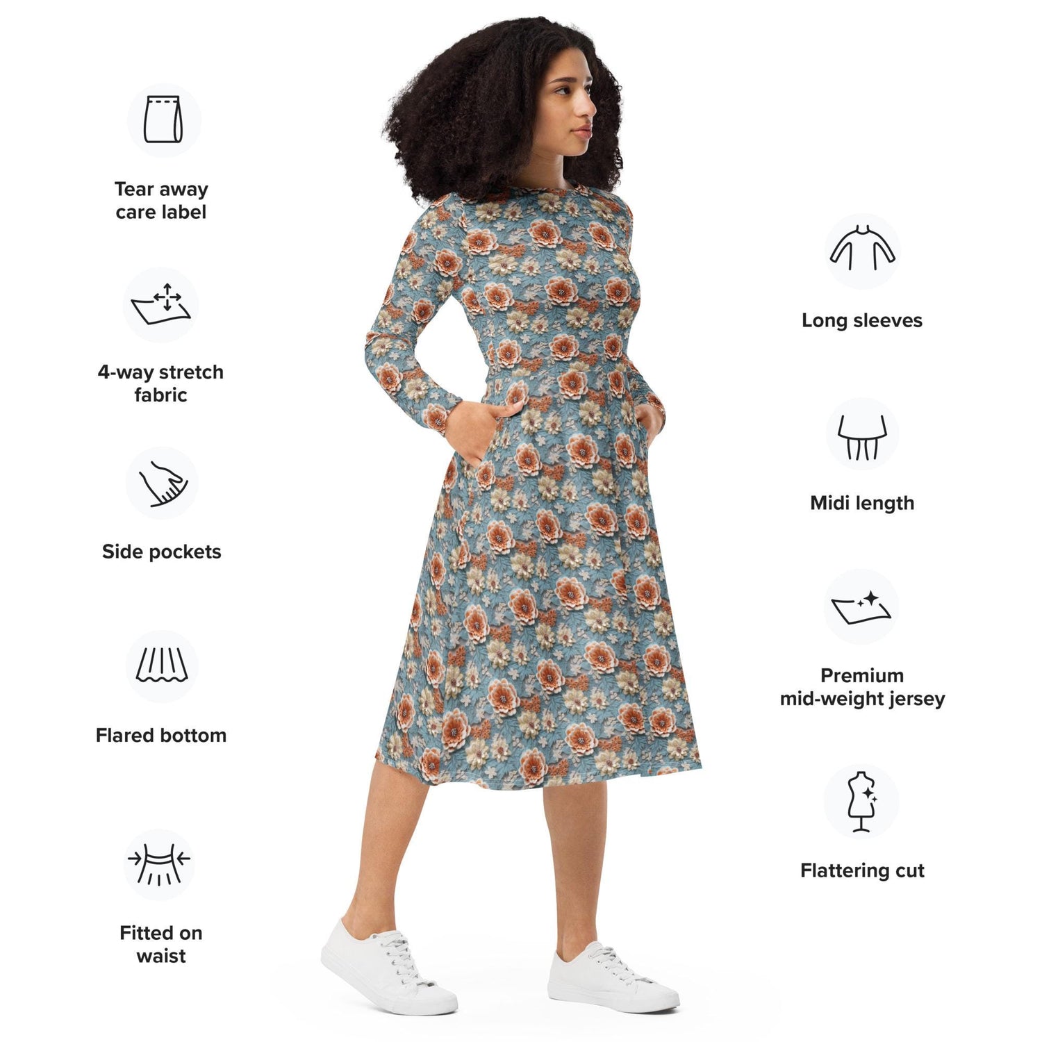 Stunning All-Over Floral 3D Print Long Sleeve Midi Dress – Elegance Meets Style All-over pattern casual fun dress