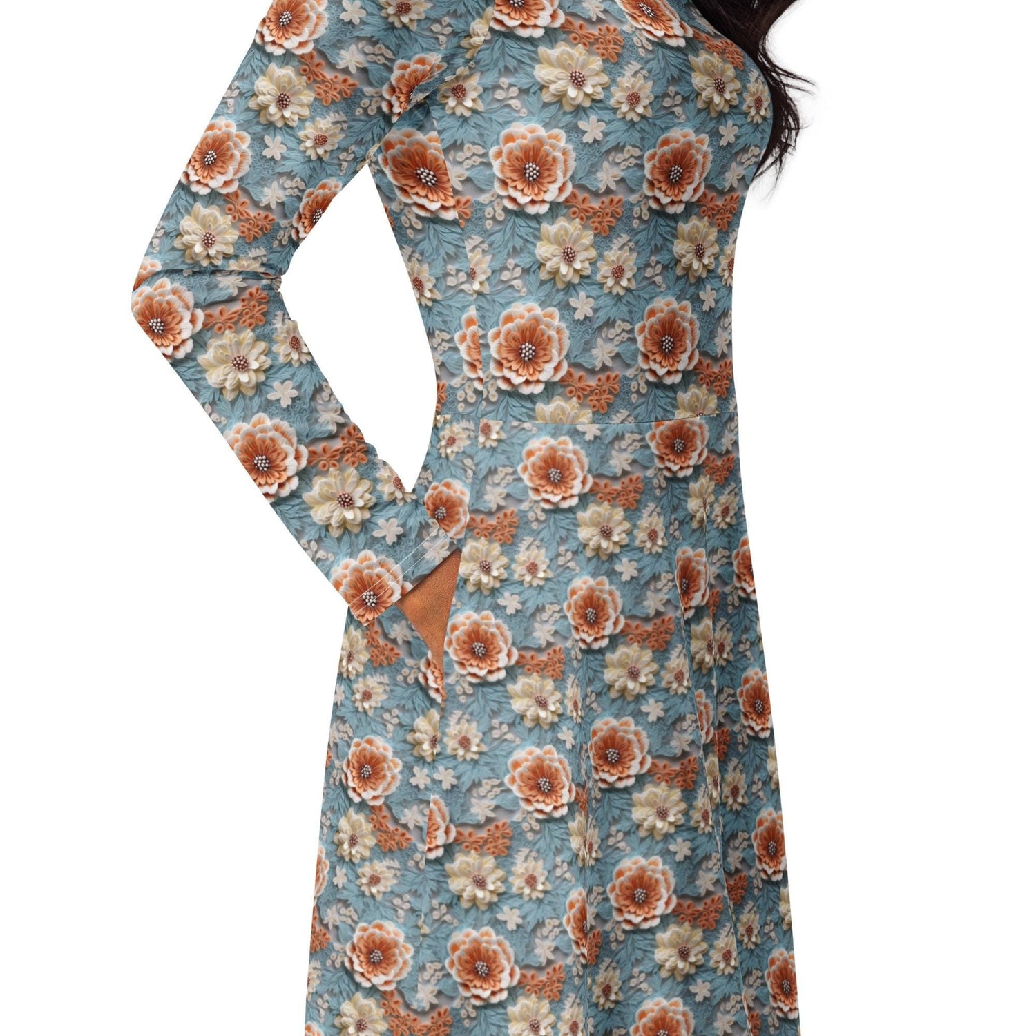 Stunning All-Over Floral 3D Print Long Sleeve Midi Dress – Elegance Meets Style All-over pattern casual fun dress