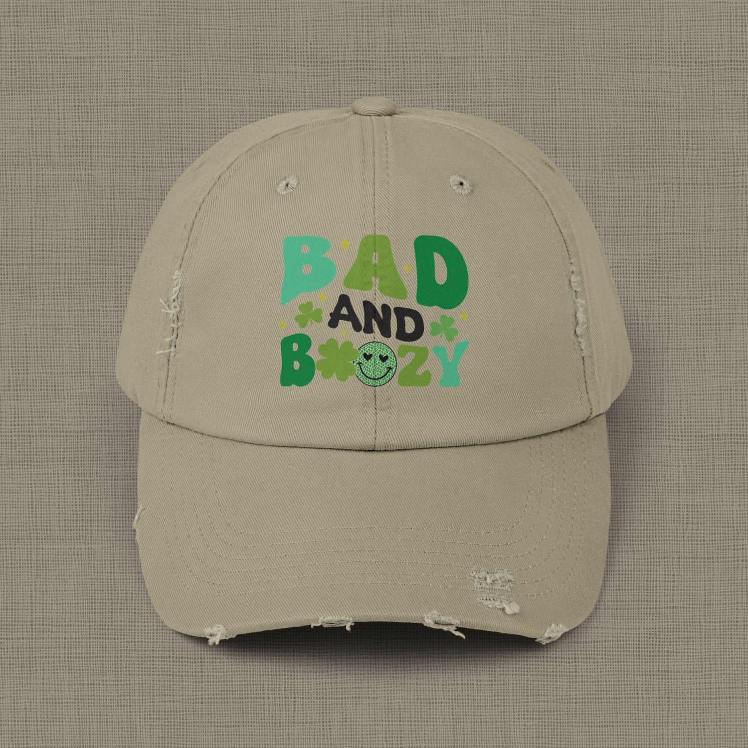 Bad and Boozy Distressed Cap, Perfect for St. Patricks Day, Casual Outings, Gift for Friends, Trendy Fashion Accessory, Unisex hat