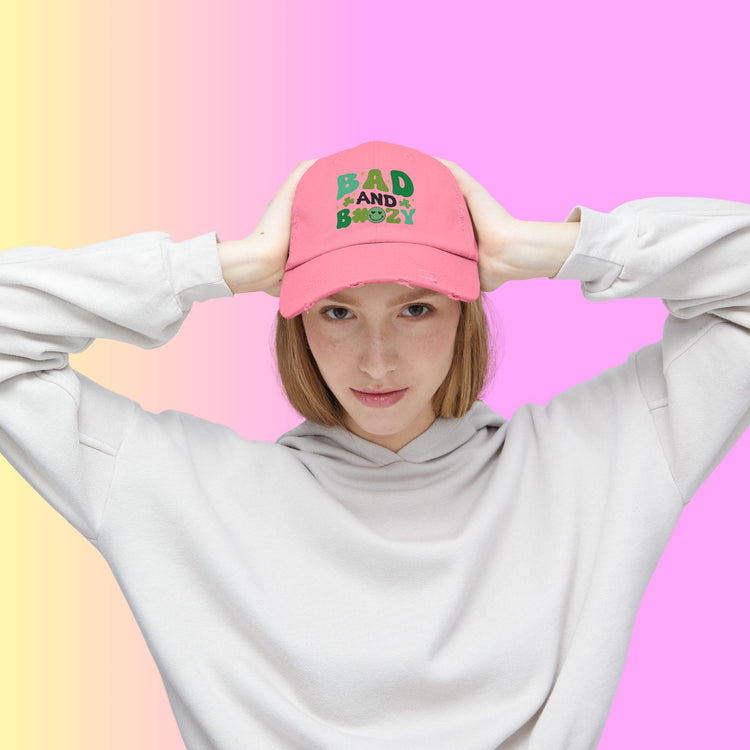 Bad and Boozy Distressed Cap, Perfect for St. Patricks Day, Casual Outings, Gift for Friends, Trendy Fashion Accessory, Unisex hat