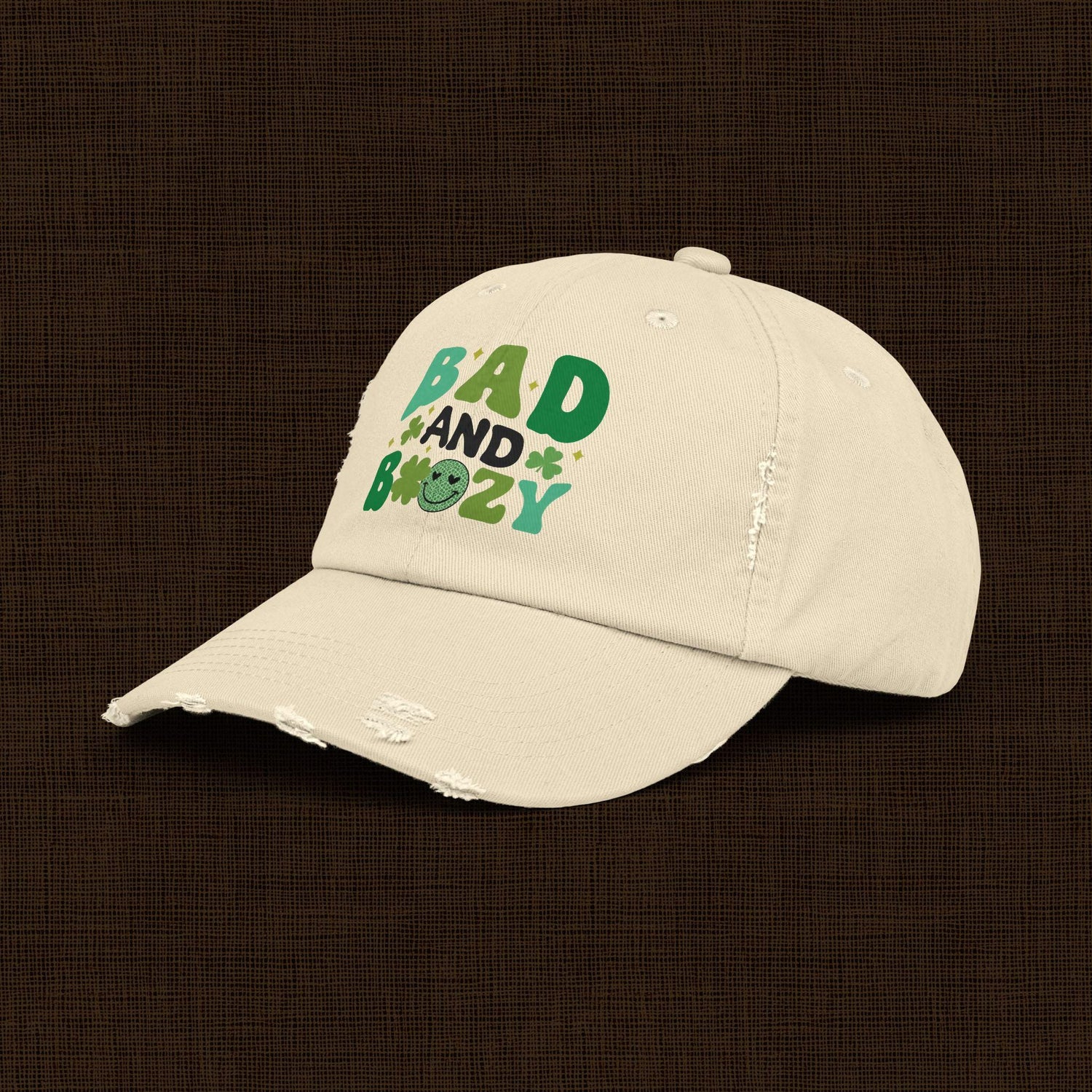 Bad and Boozy Distressed Cap, Perfect for St. Patricks Day, Casual Outings, Gift for Friends, Trendy Fashion Accessory, Unisex hat