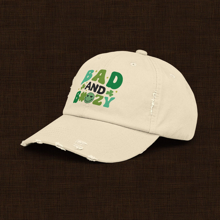 Bad and Boozy Distressed Cap, Perfect for St. Patricks Day, Casual Outings, Gift for Friends, Trendy Fashion Accessory, Unisex hat