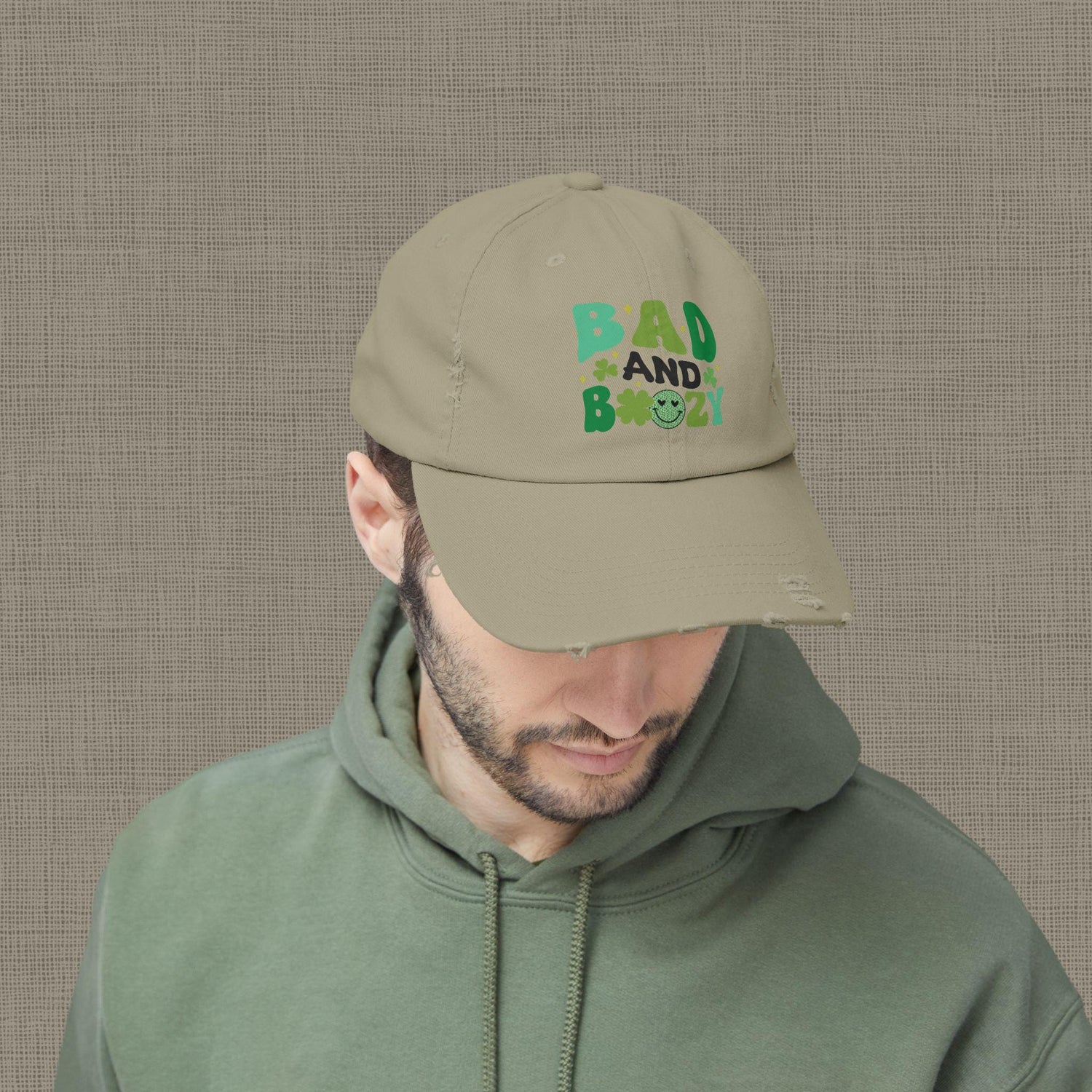 Bad and Boozy Distressed Cap, Perfect for St. Patricks Day, Casual Outings, Gift for Friends, Trendy Fashion Accessory, Unisex hat