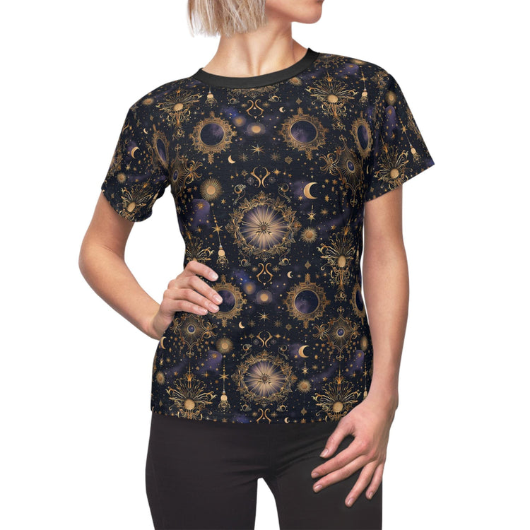 Celestial Print Women Sew Tee, Cosmic T-Shirt, Astrology Top, Bohemian Style Shirt, Gift for Women, Starry Night Tee