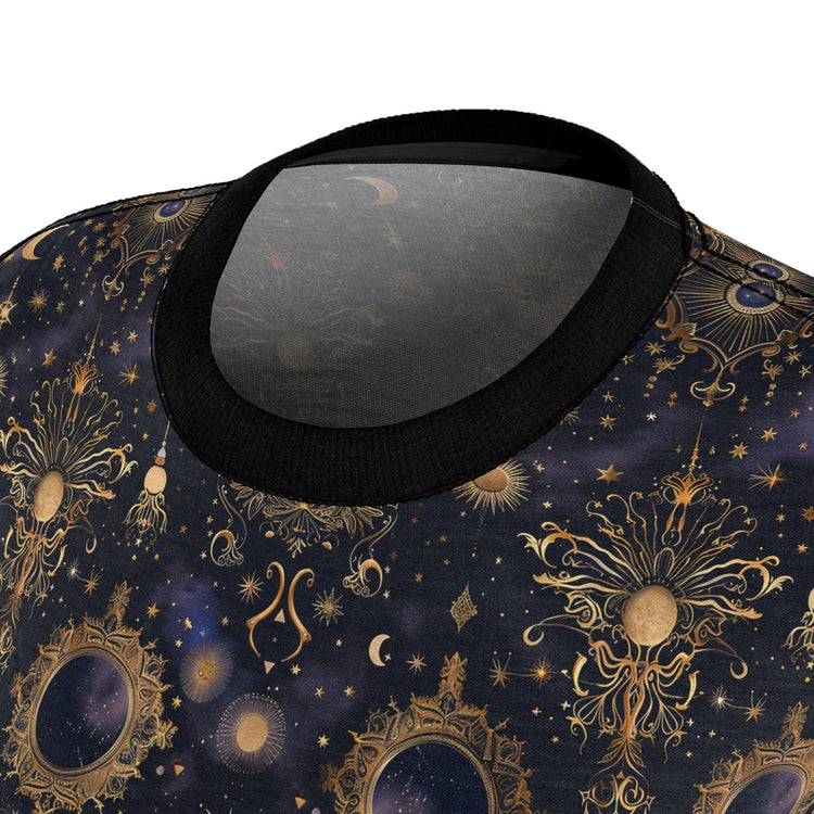 Celestial Print Women Sew Tee, Cosmic T-Shirt, Astrology Top, Bohemian Style Shirt, Gift for Women, Starry Night Tee