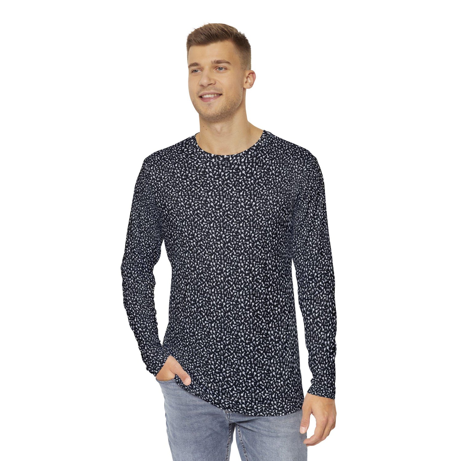 Mens Long Sleeve Print Shirt - Geometric Keys Design, Casual Mens Top, Everyday Wear, Birthday Gift, Lightweight Layering