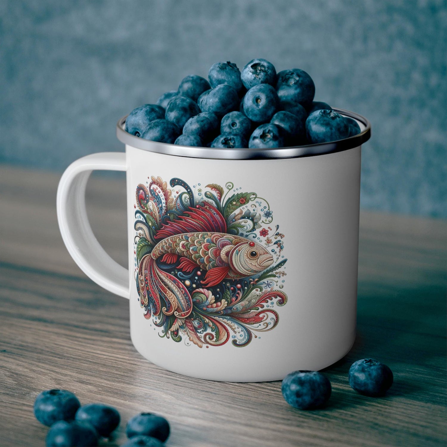 Whimsical Fish Design Enamel Camping Mug, Outdoor Coffee Mug, Fun Travel Mug, Gift for Nature Lovers, Fishing Enthusiasts