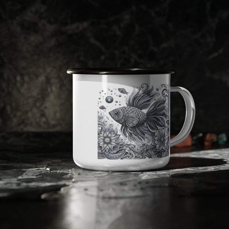 Stylish Enamel Camp Cup with Artistic Fish Design, Perfect for Outdoor Adventures, Camping, and Coffee Lovers, Unique Gift Idea, Fishing,